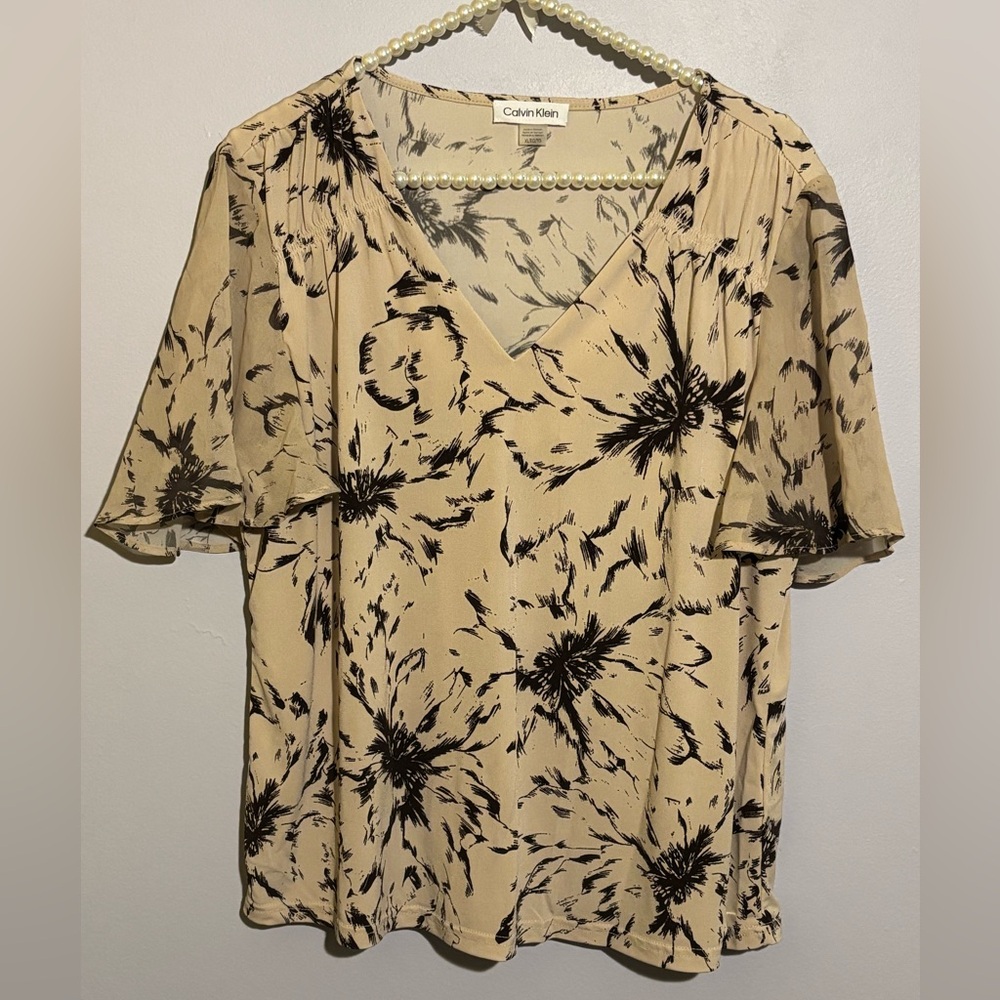 Calvin Klein Floral V-Neck Blouse - Black and Tan Size XL